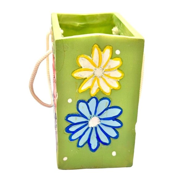Ceramic Gift Bag Planter Vase Pen Cup Green Multicolor 1980s Floral Pattern 4" - Picture 4 of 9